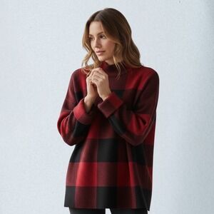 Max Studio Sweater Women's Lg Red Black Plaid Mock‎ Neck Buffalo Check Cozy Fall